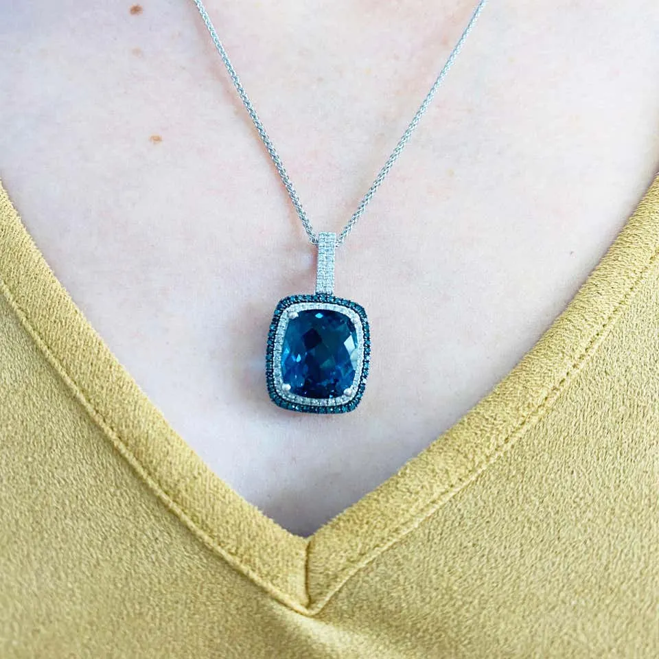 10.6 Carat London Blue Topaz Blue and White Diamond Necklace