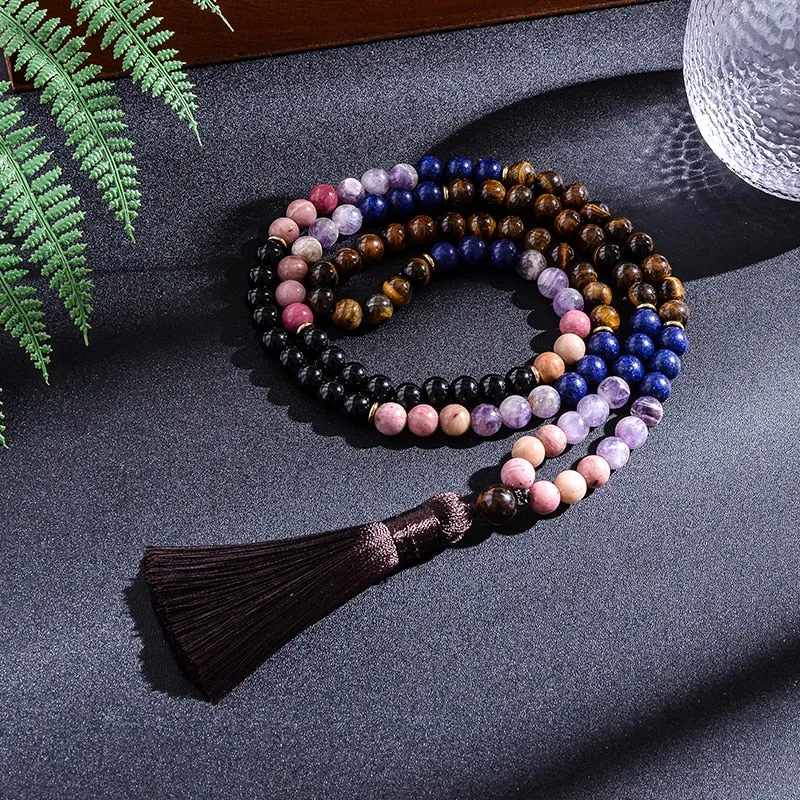 108 Rosary 8mm Tiger Eye Lapis Lazuli Amethyst Black Agate Beaded Japamala Necklace Bracelet