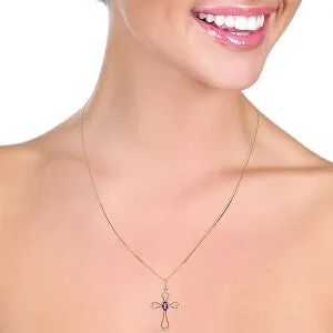 14K Solid Rose Gold Cross Necklace w/ Natural Diamonds & Amethyst