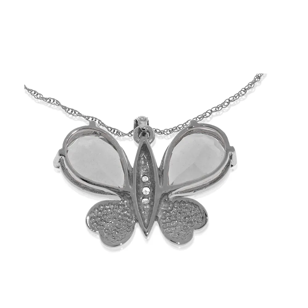 14K Solid White Gold Butterfly Necklace w/ Natural Diamonds & White Topaz