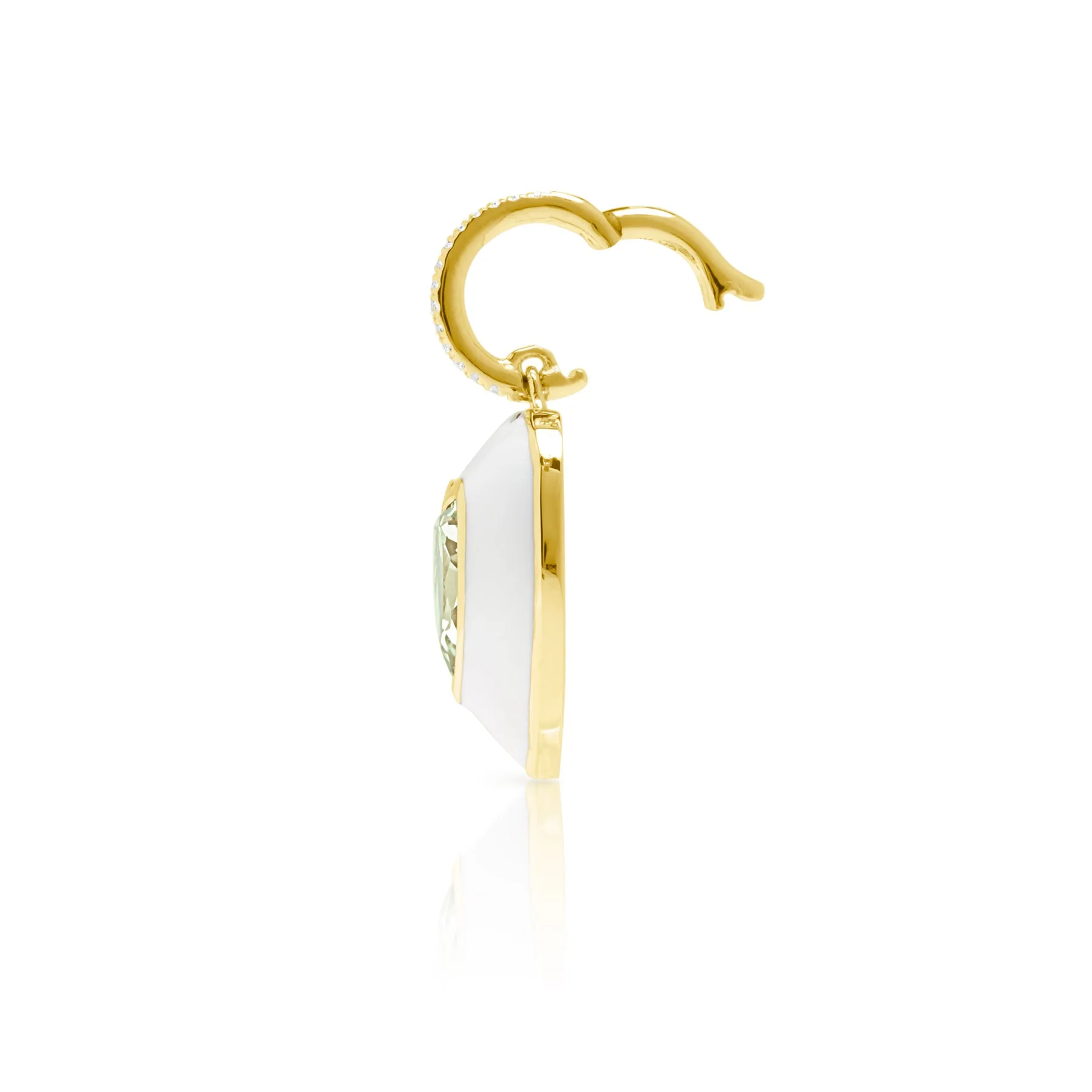14KT Yellow Gold Green Amethyst White Enamel Heart Charm with Diamond Clip on Bail