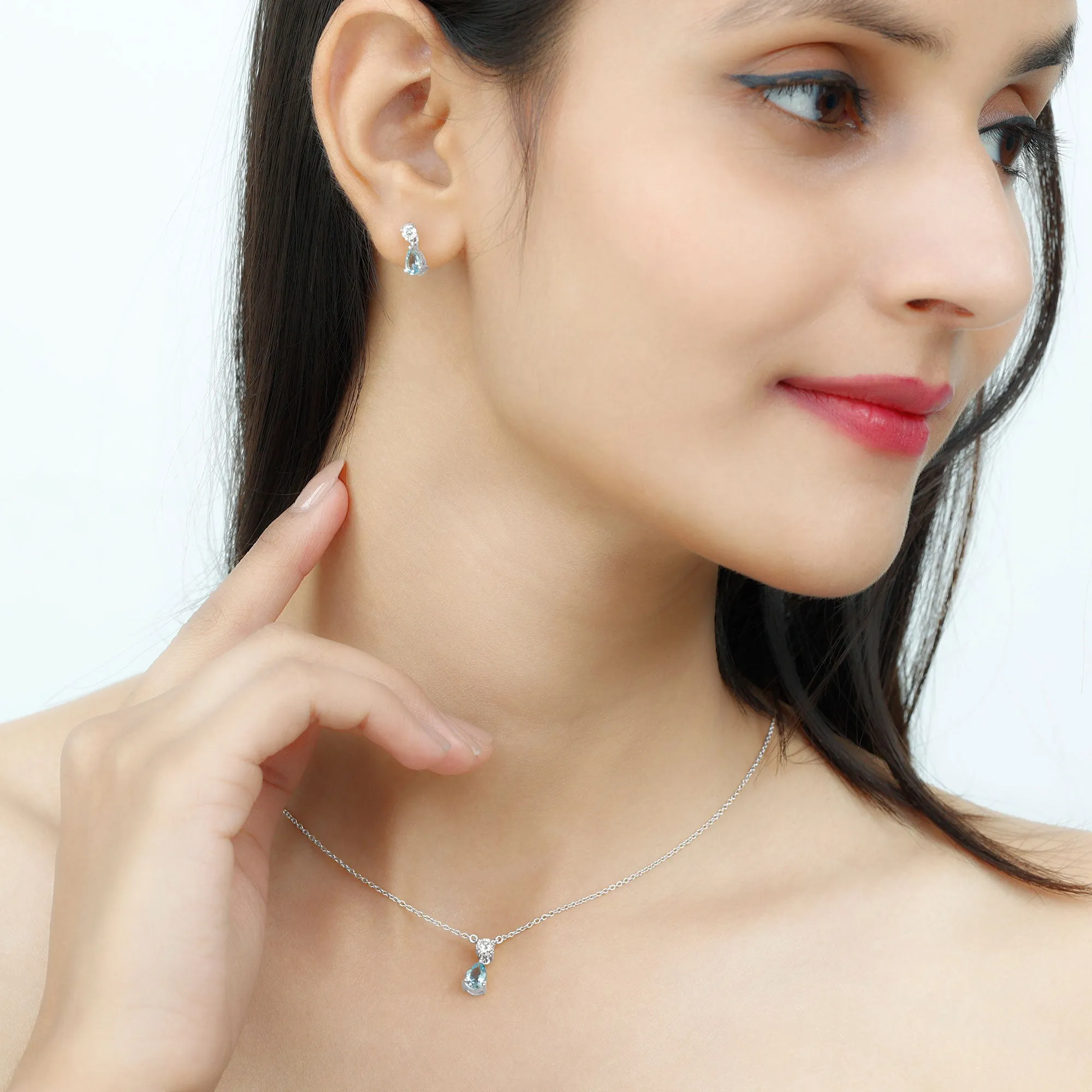 2.25 CT Pear Cut Aquamarine Tear Drop Jewelry Set with Moissanite