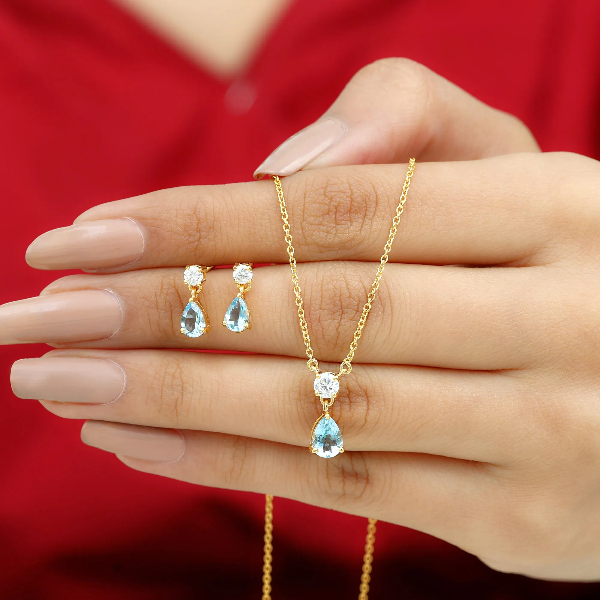 2.25 CT Pear Cut Aquamarine Tear Drop Jewelry Set with Moissanite
