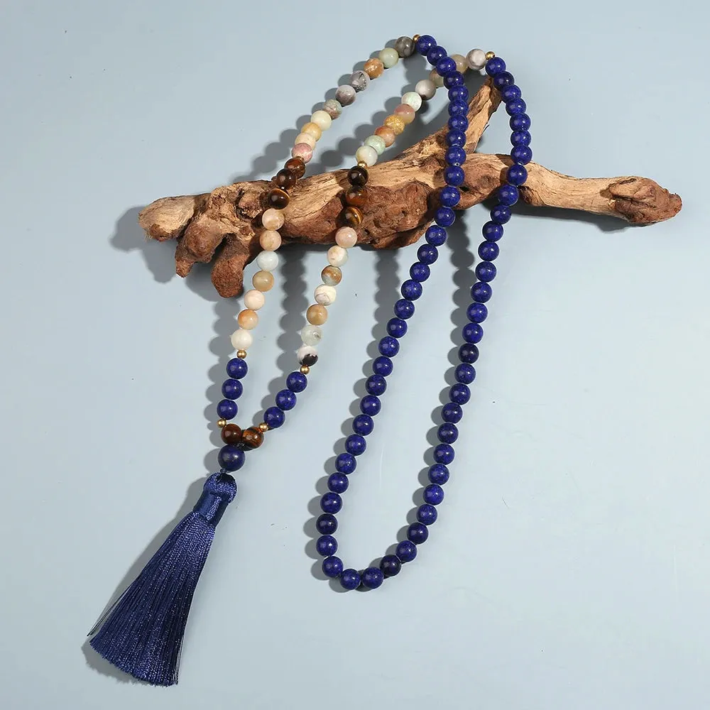 8mm Amazonite Lapis Lazuli Tiger Eye Beaded Necklace Bracelet Set Men and Women