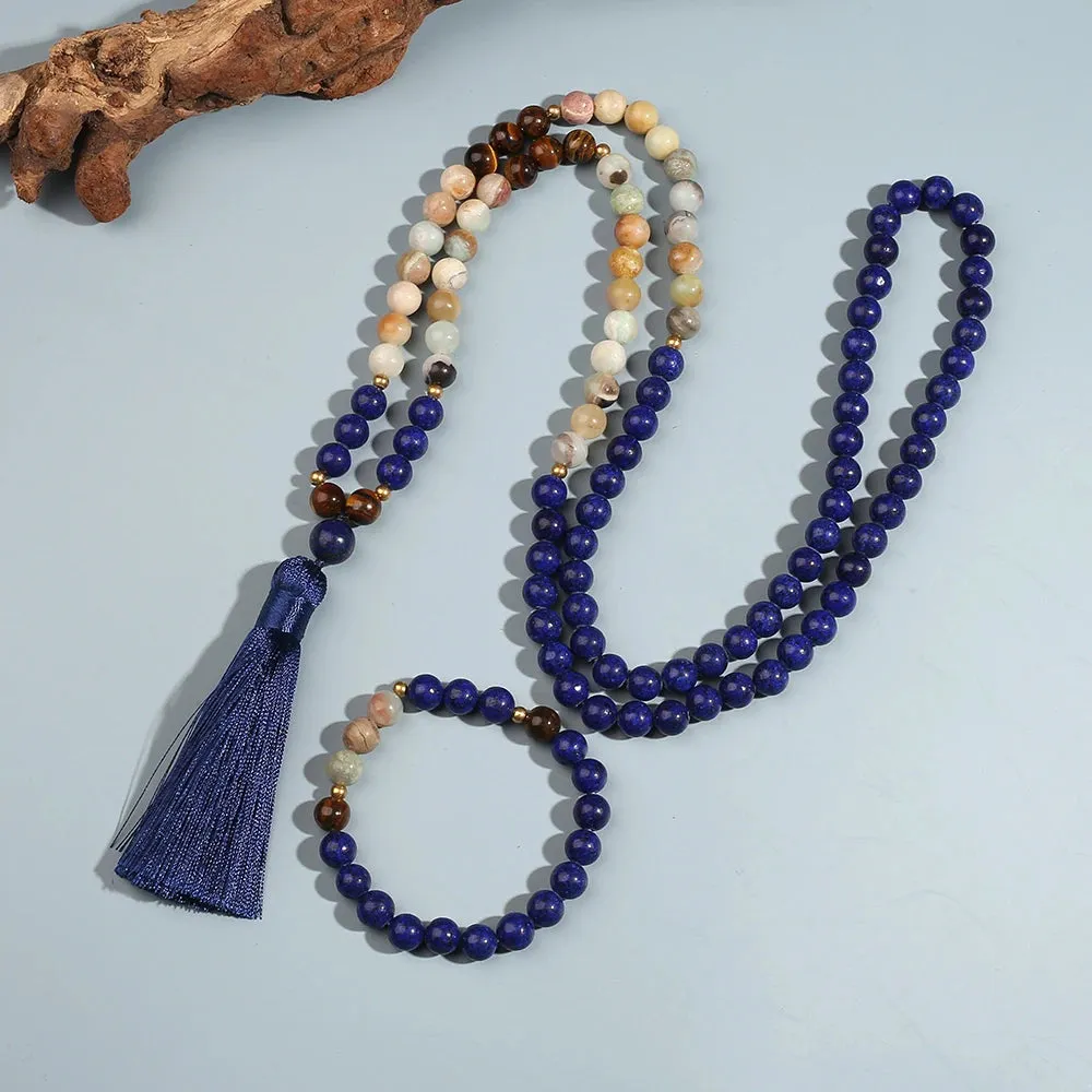 8mm Amazonite Lapis Lazuli Tiger Eye Beaded Necklace Bracelet Set Men and Women