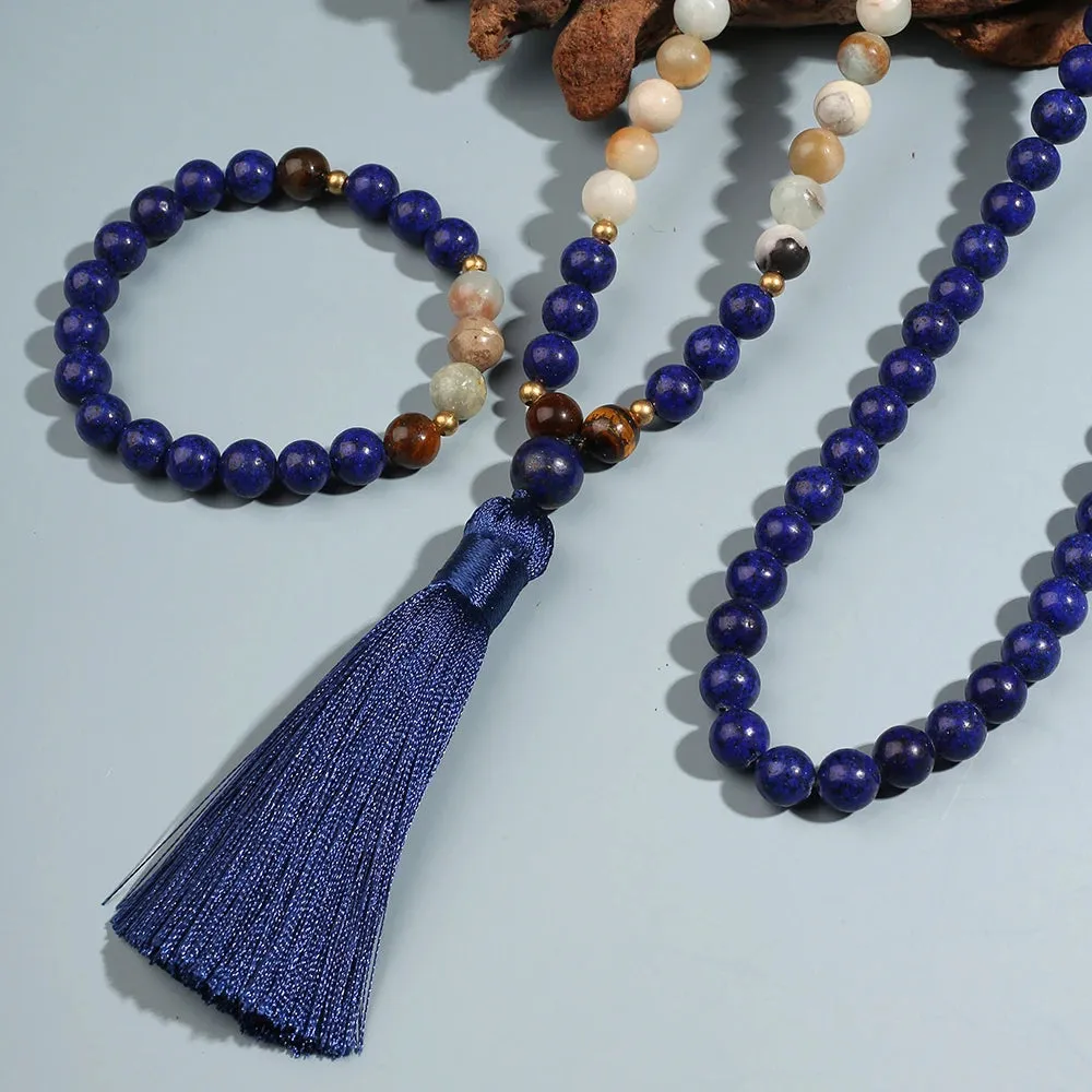 8mm Amazonite Lapis Lazuli Tiger Eye Beaded Necklace Bracelet Set Men and Women