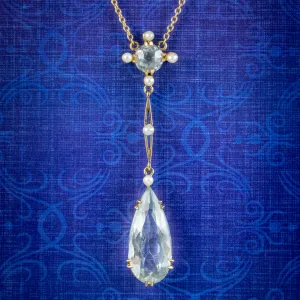 Antique Edwardian Aquamarine Pearl Lavaliere Necklace 15ct Gold Circa 1905