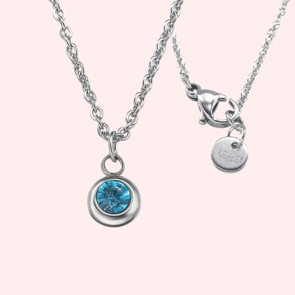 Aquamarine Bezel Set Hypoallergenic Necklace - March