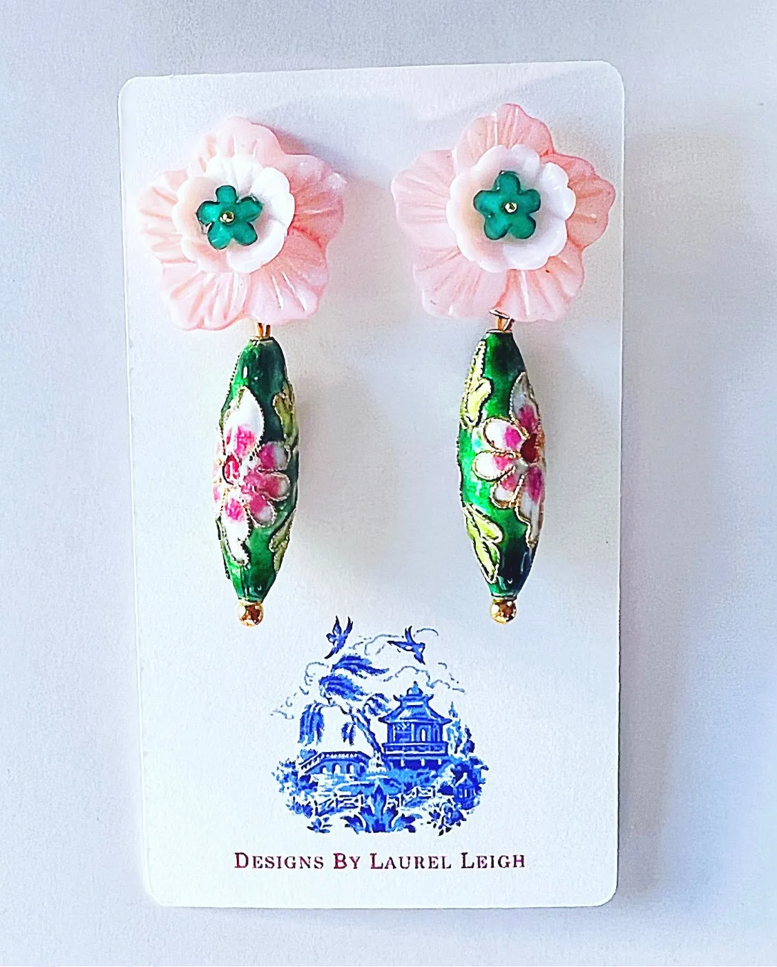 Cloisonné Floral Drop Earrings - Pink & Green