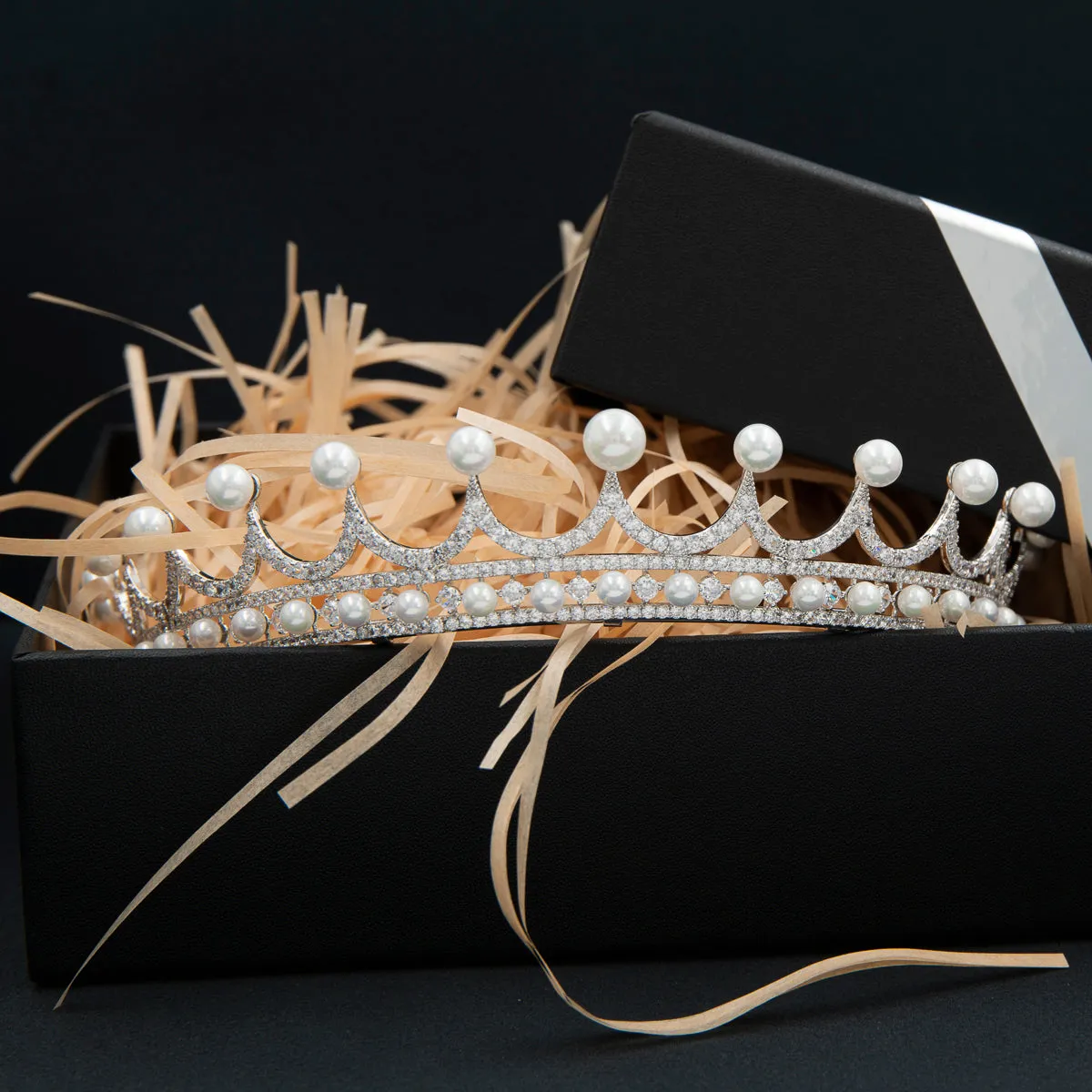 Cubic Zirconia Pearls Tiara for Wedding,Crystal Royal Tiaras Diadem CH10368
