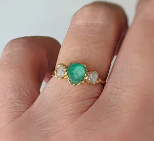 Raw Emerald and diamond engagement ring