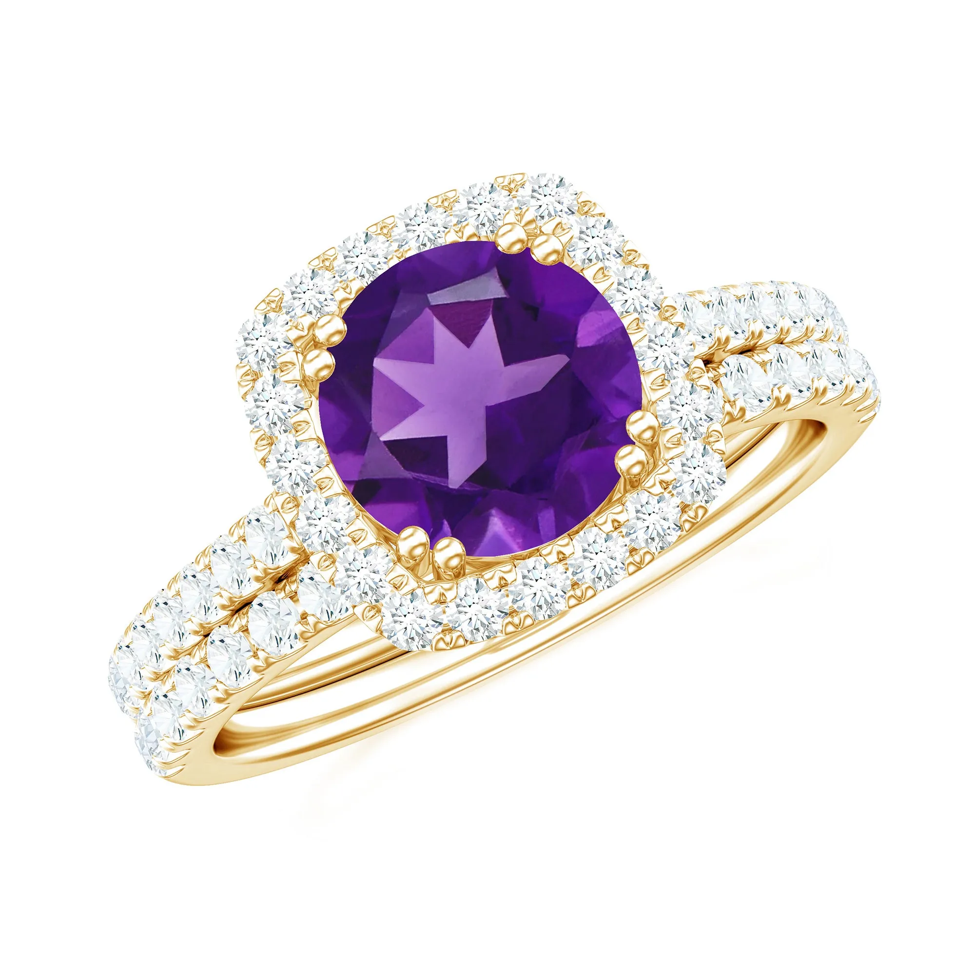 Real Amethyst and Moissanite Classic Halo Ring Set