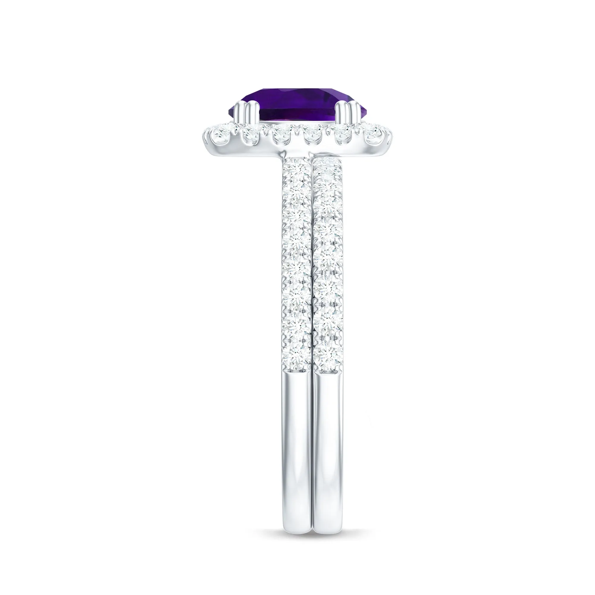 Real Amethyst and Moissanite Classic Halo Ring Set