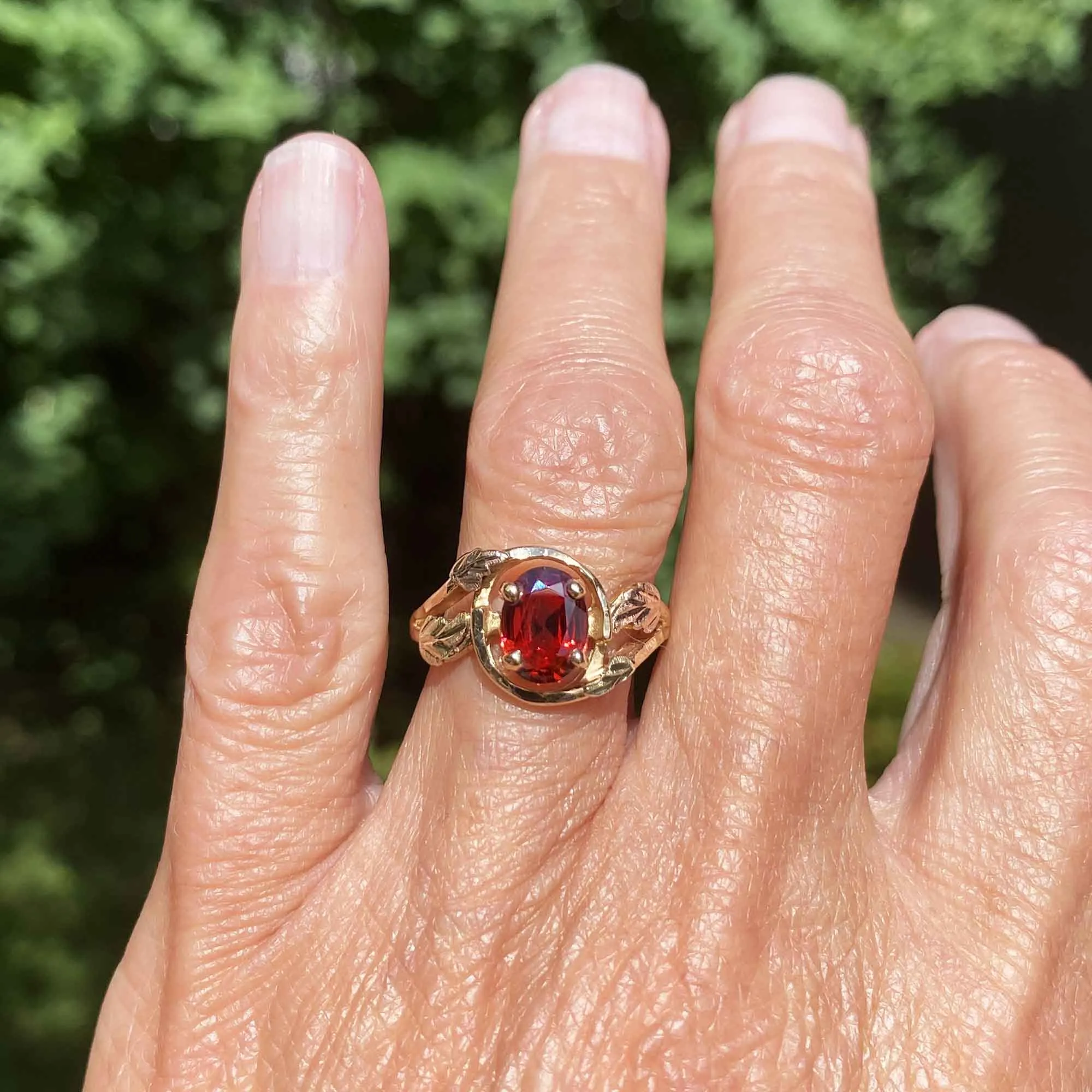 Vintage Bypass Style Black Hills Gold Garnet Ring