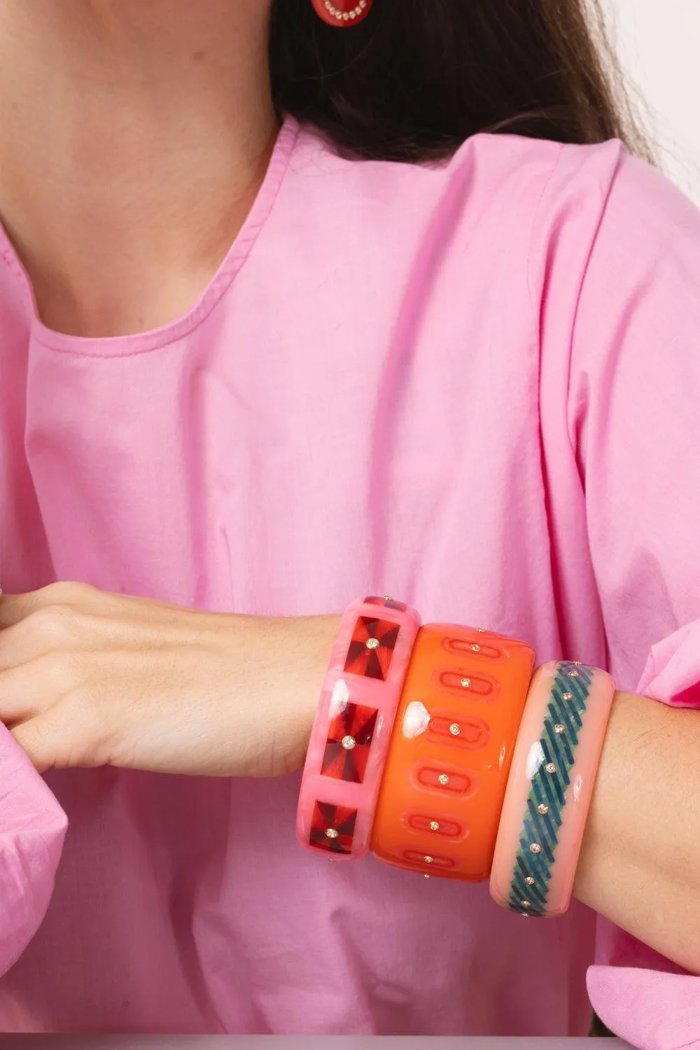 White Topaz Pink Red Bakelite Bangle